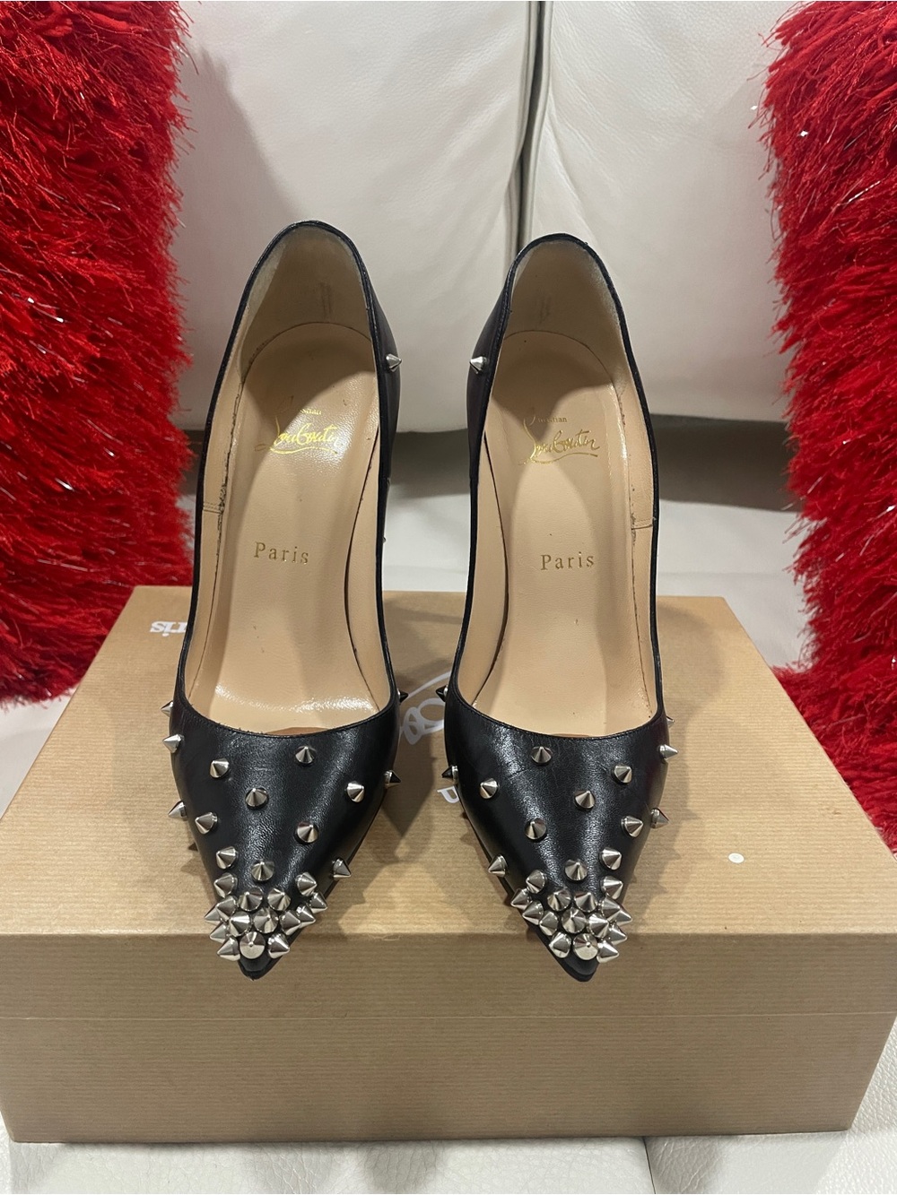 Christian Louboutin Black Leather Spike Pumps Size 37.5
